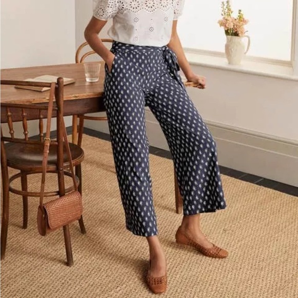 Boden Caithness Wide‎ Leg Loose Flowy Paisley Pants US Size 6R Navy White - Picture 2 of 11